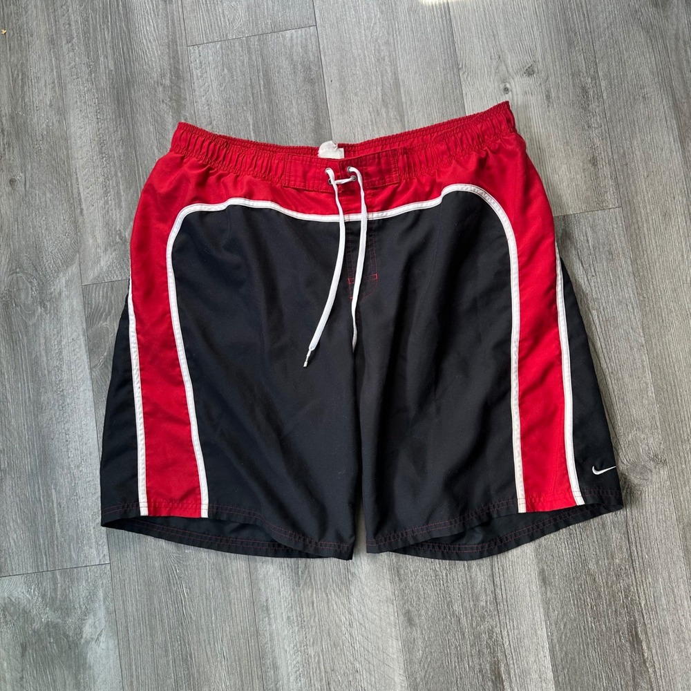 Vintage Y2K Nike Red Black Swim Trunks Board Shorts Men's XL embroidered swoosh